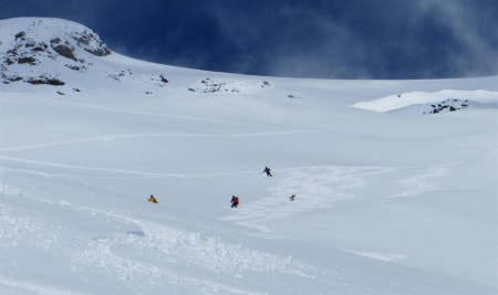 První sjíždějící skialpinisté a jejich psíci.