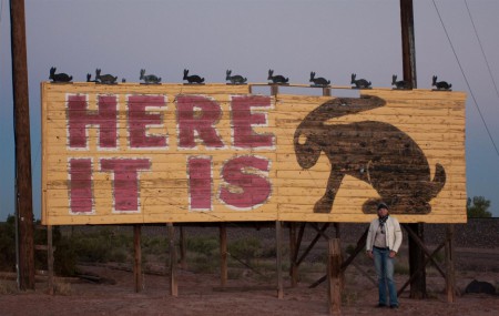 Zmrzlina pózuje u billboardu na Route 66. Hned naproti je shop kuriozit jež v době slávy Route 66 patřil mezi nejvýznamější body Route 66.